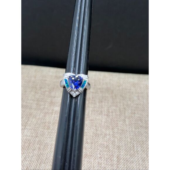 Sterling Silver 925 Blue Heart Ring w/ Lab Opal Inlay & CZ Accents – Size 7 - Picture 2 of 6